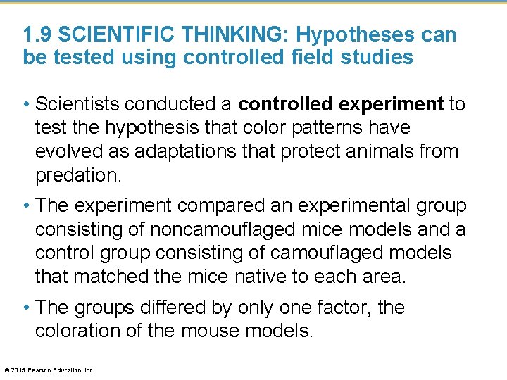 1. 9 SCIENTIFIC THINKING: Hypotheses can be tested using controlled field studies • Scientists