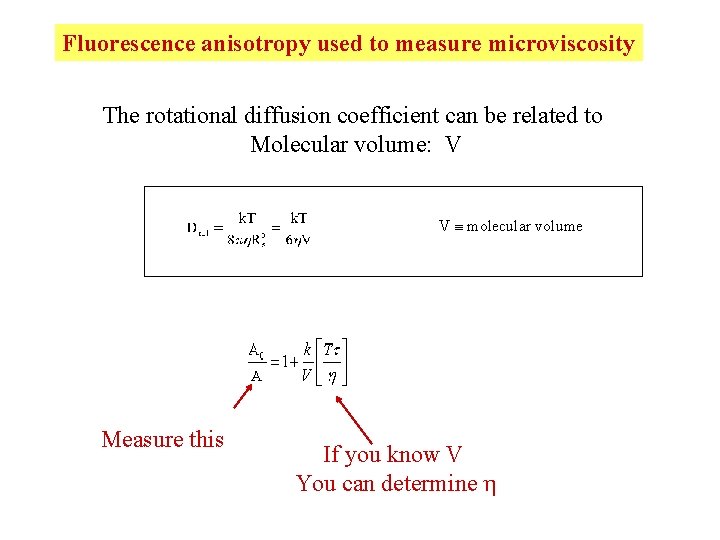 Fluorescence anisotropy used to measure microviscosity The rotational diffusion coefficient can be related to Fluorescence anisotropy used to measure microviscosity The rotational diffusion coefficient can be related to