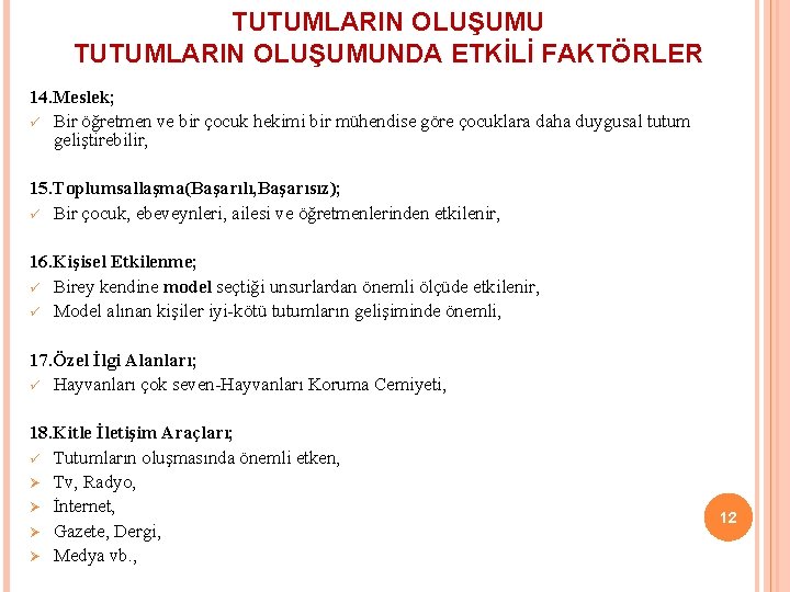 TUTUMLARIN OLUŞUMUNDA ETKİLİ FAKTÖRLER 14. Meslek; ü Bir öğretmen ve bir çocuk hekimi bir