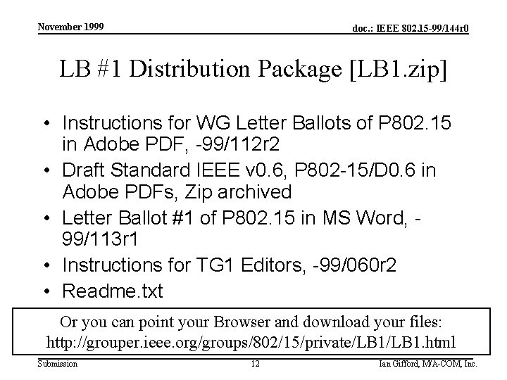 November 1999 doc. : IEEE 802. 15 -99/144 r 0 LB #1 Distribution Package