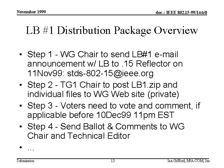 November 1999 doc. : IEEE 802. 15 -99/144 r 0 LB #1 Distribution Package