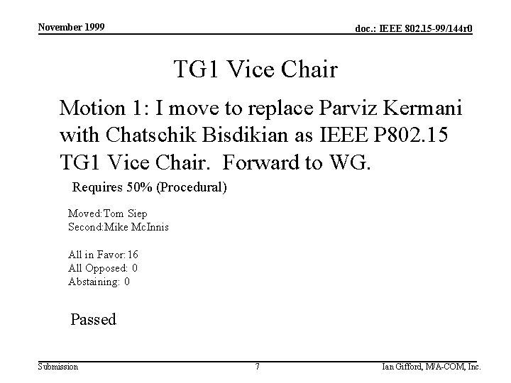 November 1999 doc. : IEEE 802. 15 -99/144 r 0 TG 1 Vice Chair