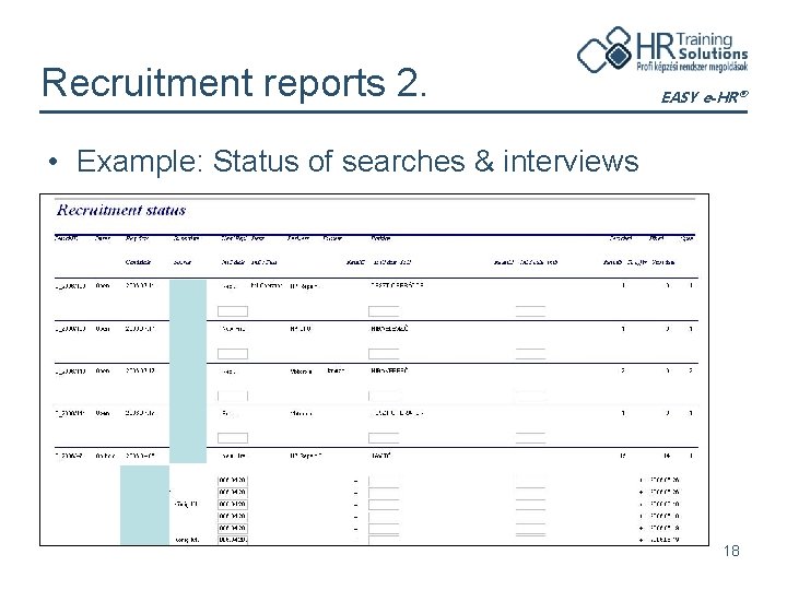 Recruitment reports 2. EASY e-HR® • Example: Status of searches & interviews 18 