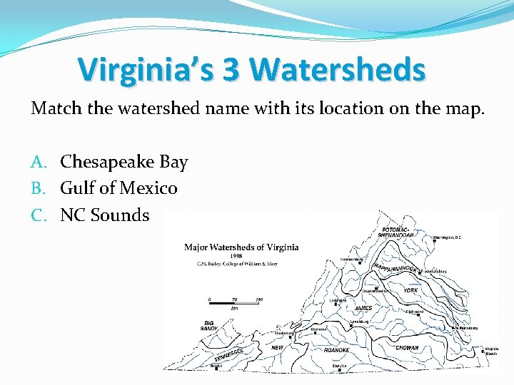 Virginia’s 3 Watersheds Match the watershed name with its location on the map. A.