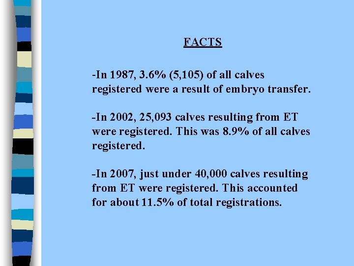 FACTS -In 1987, 3. 6% (5, 105) of all calves registered were a result