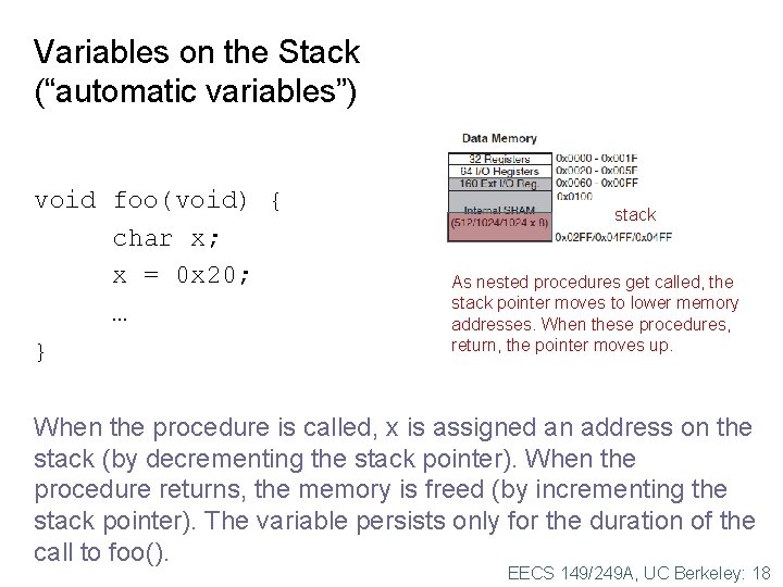 Variables on the Stack (“automatic variables”) void foo(void) { char x; x = 0