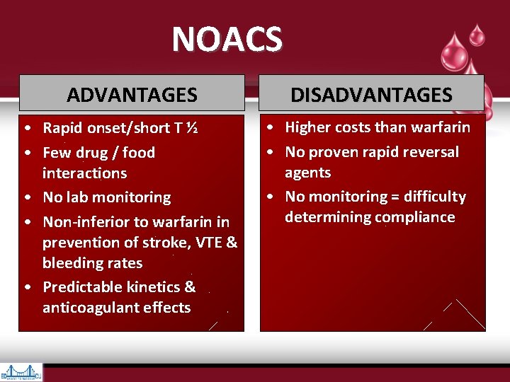 NOACS ADVANTAGES DISADVANTAGES • Rapid onset/short T ½ • Few drug / food interactions NOACS ADVANTAGES DISADVANTAGES • Rapid onset/short T ½ • Few drug / food interactions
