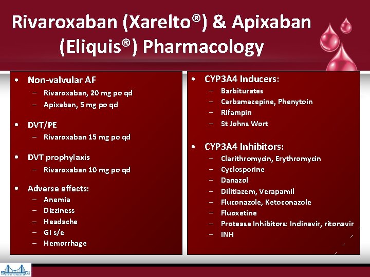 Rivaroxaban (Xarelto®) & Apixaban (Eliquis®) Pharmacology • Non-valvular AF – Rivaroxaban, 20 mg po Rivaroxaban (Xarelto®) & Apixaban (Eliquis®) Pharmacology • Non-valvular AF – Rivaroxaban, 20 mg po