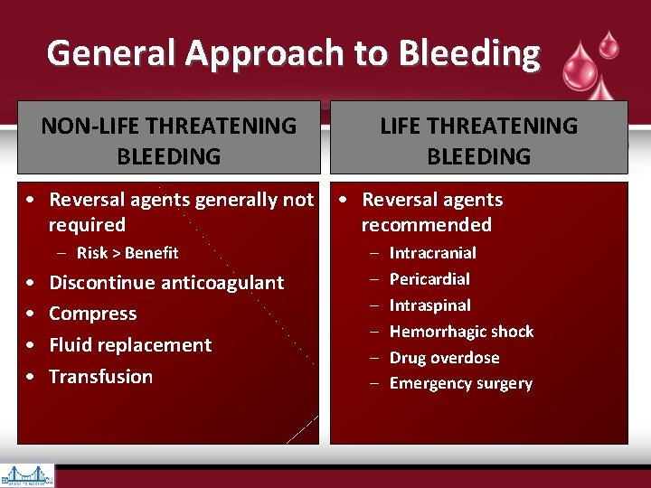 General Approach to Bleeding NON-LIFE THREATENING BLEEDING • Reversal agents generally not • Reversal General Approach to Bleeding NON-LIFE THREATENING BLEEDING • Reversal agents generally not • Reversal