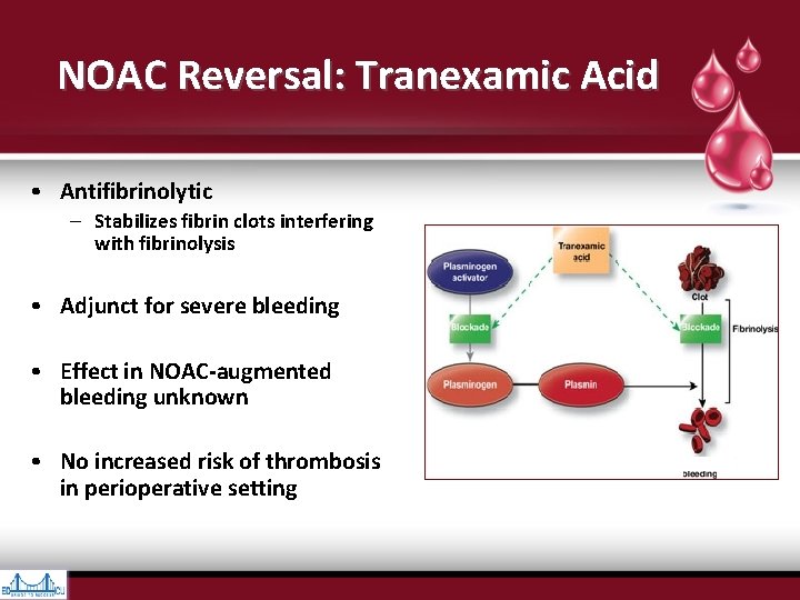 NOAC Reversal: Tranexamic Acid • Antifibrinolytic – Stabilizes fibrin clots interfering with fibrinolysis • NOAC Reversal: Tranexamic Acid • Antifibrinolytic – Stabilizes fibrin clots interfering with fibrinolysis •