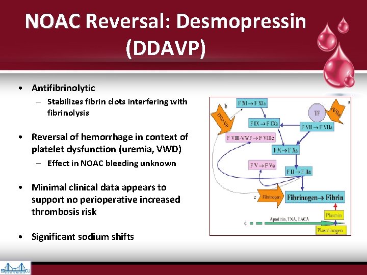 NOAC Reversal: Desmopressin NOAC (DDAVP) • Antifibrinolytic – Stabilizes fibrin clots interfering with fibrinolysis NOAC Reversal: Desmopressin NOAC (DDAVP) • Antifibrinolytic – Stabilizes fibrin clots interfering with fibrinolysis