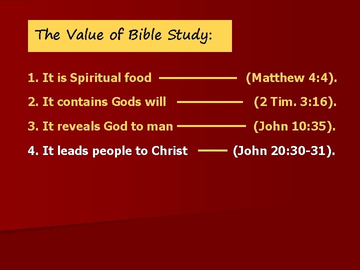 The Value of Bible Study: 1. It is Spiritual food (Matthew 4: 4). 2.