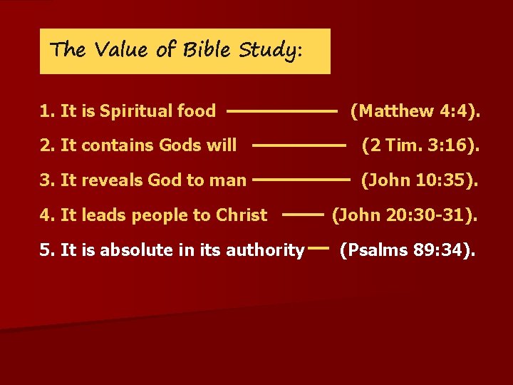 The Value of Bible Study: 1. It is Spiritual food (Matthew 4: 4). 2.