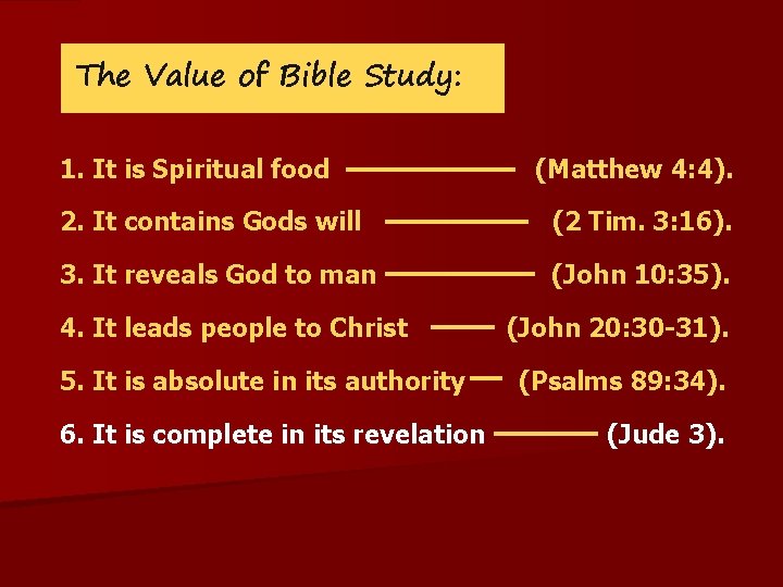 The Value of Bible Study: 1. It is Spiritual food (Matthew 4: 4). 2.