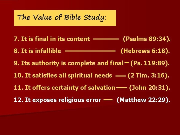 The Value of Bible Study: 7. It is final in its content 8. It