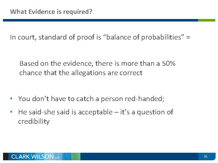 What Evidence is required? In court, standard of proof is “balance of probabilities” =