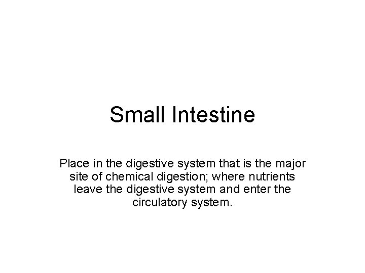 Small Intestine Place in the digestive system that is the major site of chemical