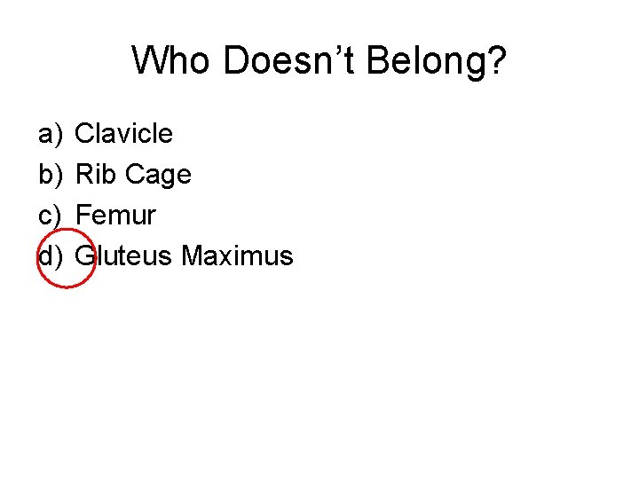 Who Doesn’t Belong? a) b) c) d) Clavicle Rib Cage Femur Gluteus Maximus 