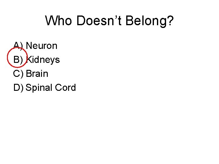 Who Doesn’t Belong? A) Neuron B) Kidneys C) Brain D) Spinal Cord 