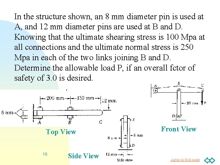 In the structure shown, an 8 mm diameter pin is used at A, and