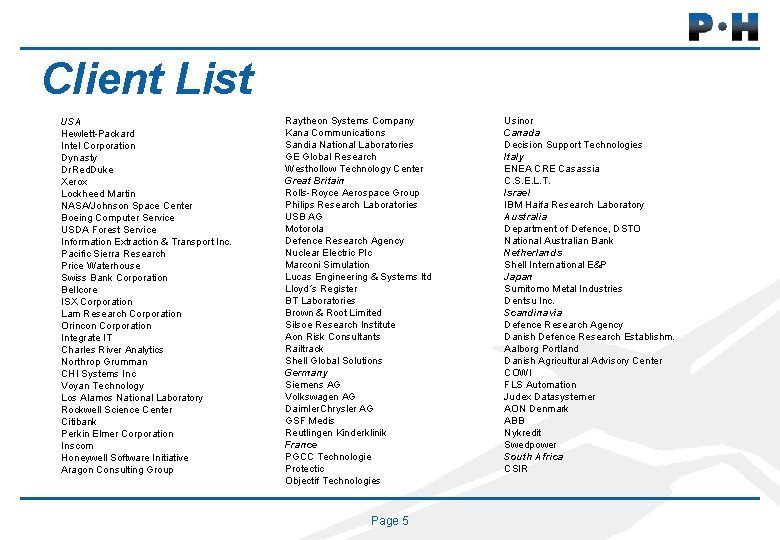 Client List USA Hewlett-Packard Intel Corporation Dynasty Dr. Red. Duke Xerox Lockheed Martin NASA/Johnson