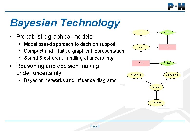 Bayesian Technology • Probablistic graphical models • Model based approach to decision support •