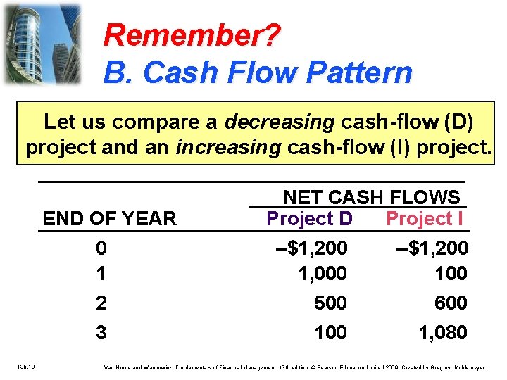 Remember? B. Cash Flow Pattern Let us compare a decreasing cash-flow (D) project and
