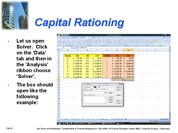 Capital Rationing • Let us open Solver. Click on the ‘Data’ tab and then