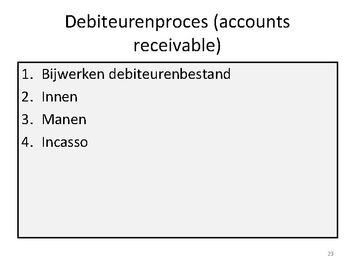 Debiteurenproces (accounts receivable) 1. 2. 3. 4. Bijwerken debiteurenbestand Innen Manen Incasso 23 