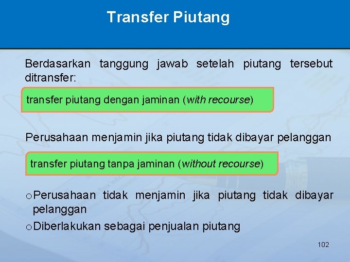 Transfer Piutang Berdasarkan tanggung jawab setelah piutang tersebut ditransfer: transfer piutang dengan jaminan (with