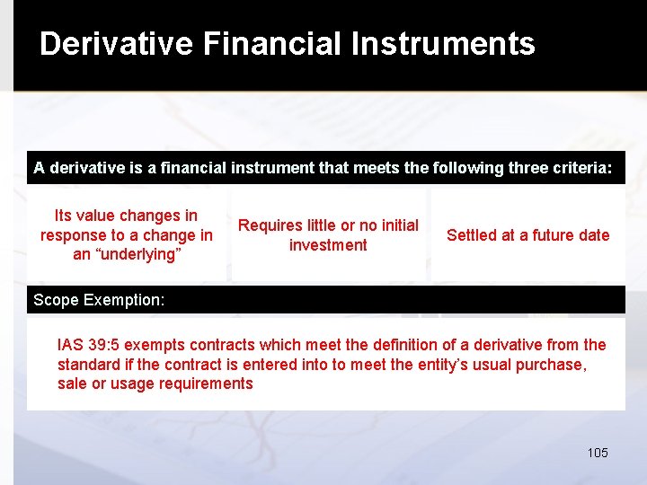 Derivative Financial Instruments A derivative is a financial instrument that meets the following three