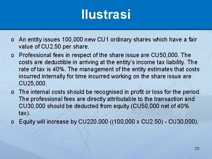 Ilustrasi o An entity issues 100, 000 new CU 1 ordinary shares which have