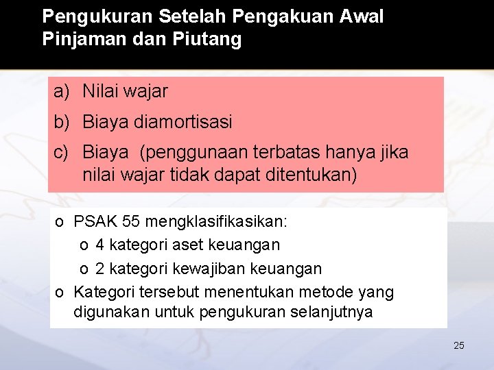 Pengukuran Setelah Pengakuan Awal Pinjaman dan Piutang a) Nilai wajar b) Biaya diamortisasi c)