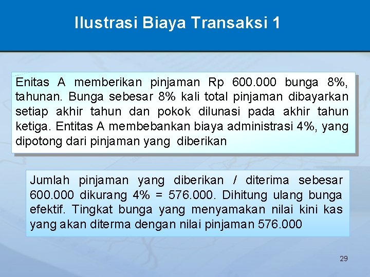 Ilustrasi Biaya Transaksi 1 Enitas A memberikan pinjaman Rp 600. 000 bunga 8%, tahunan.