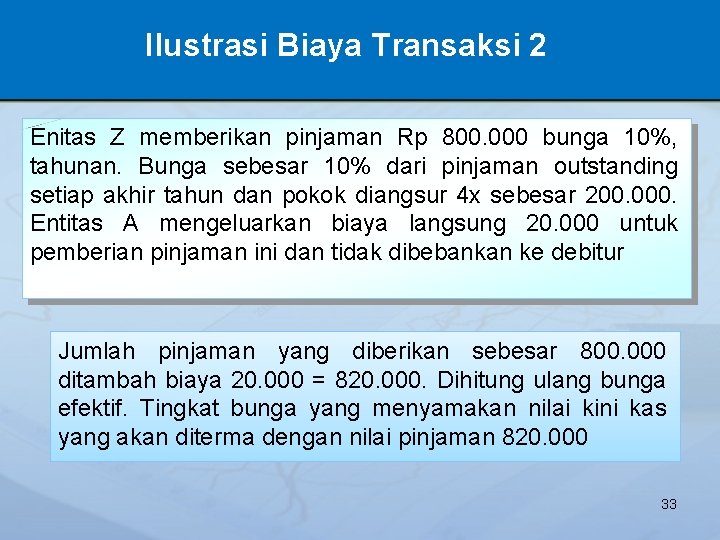 Ilustrasi Biaya Transaksi 2 Enitas Z memberikan pinjaman Rp 800. 000 bunga 10%, tahunan.