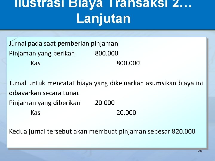 Ilustrasi Biaya Transaksi 2… Lanjutan Jurnal pada saat pemberian pinjaman Pinjaman yang berikan 800.