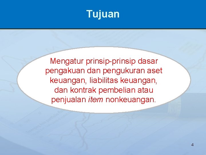 Tujuan Mengatur prinsip-prinsip dasar pengakuan dan pengukuran aset keuangan, liabilitas keuangan, dan kontrak pembelian