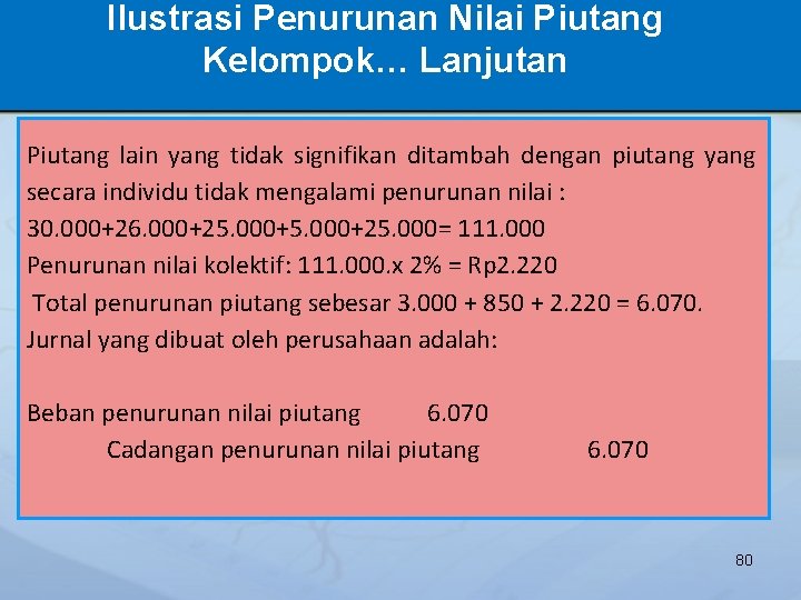 Ilustrasi Penurunan Nilai Piutang Kelompok… Lanjutan Piutang lain yang tidak signifikan ditambah dengan piutang