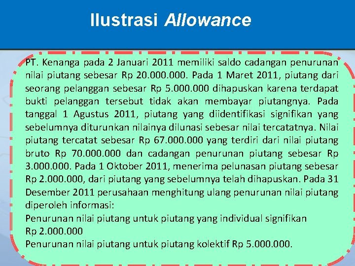 Ilustrasi Allowance PT. Kenanga pada 2 Januari 2011 memiliki saldo cadangan penurunan nilai piutang