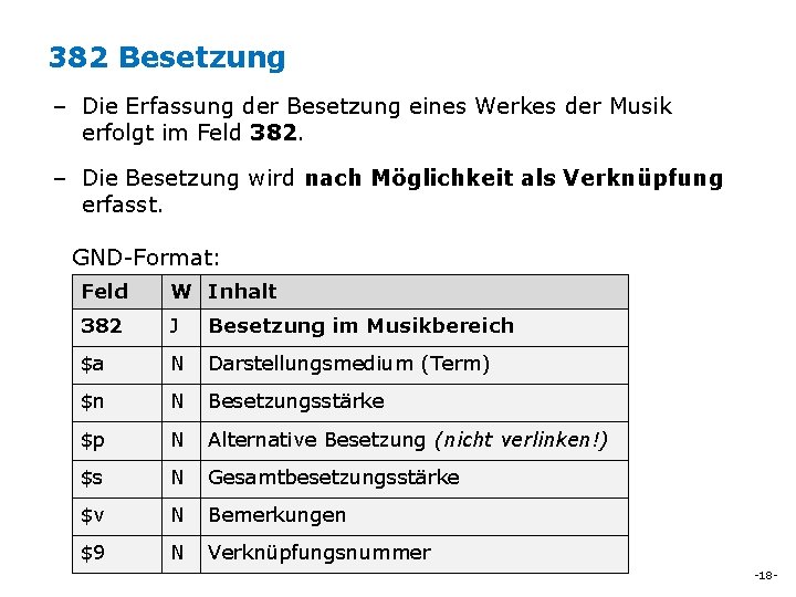 382 Besetzung – Die Erfassung der Besetzung eines Werkes der Musik erfolgt im Feld