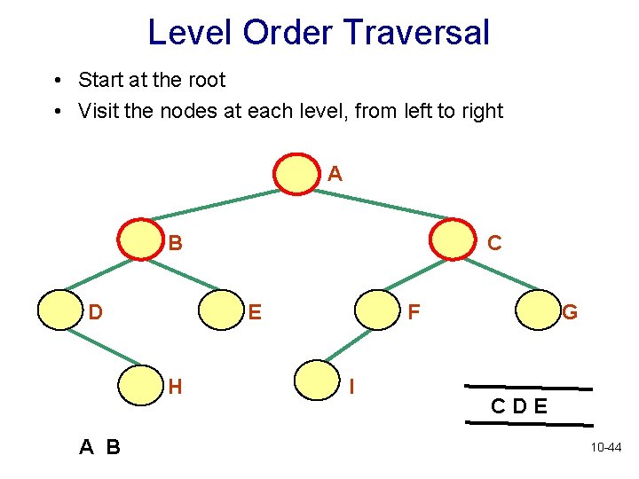 Level Order Traversal • Start at the root • Visit the nodes at each Level Order Traversal • Start at the root • Visit the nodes at each