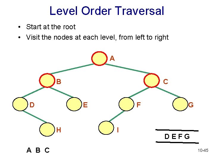 Level Order Traversal • Start at the root • Visit the nodes at each Level Order Traversal • Start at the root • Visit the nodes at each