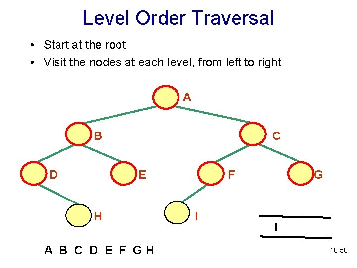 Level Order Traversal • Start at the root • Visit the nodes at each Level Order Traversal • Start at the root • Visit the nodes at each