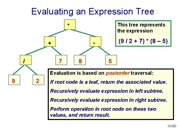 Evaluating an Expression Tree This tree represents the expression * / (9 / 2 Evaluating an Expression Tree This tree represents the expression * / (9 / 2