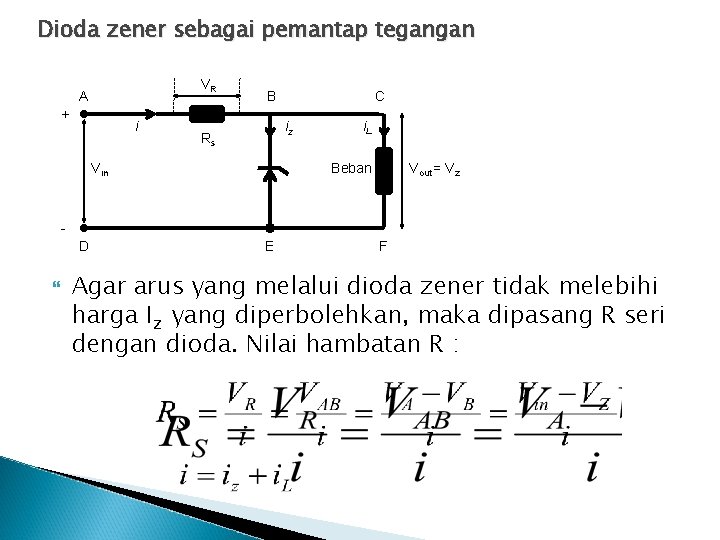 Dioda zener sebagai pemantap tegangan VR A + i B C iz Rs Vin