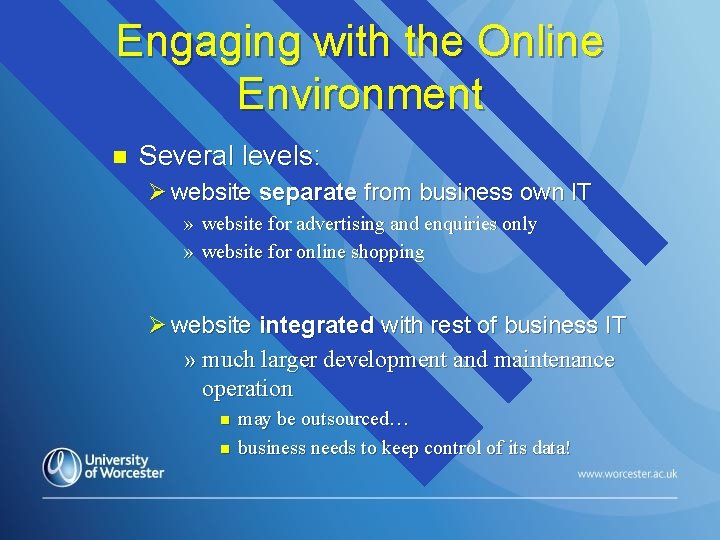 Engaging with the Online Environment n Several levels: Ø website separate from business own