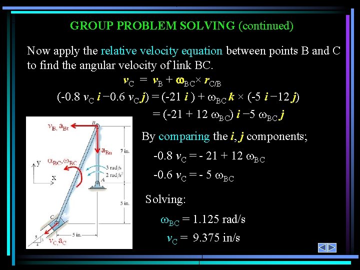 GROUP PROBLEM SOLVING (continued) Now apply the relative velocity equation between points B and
