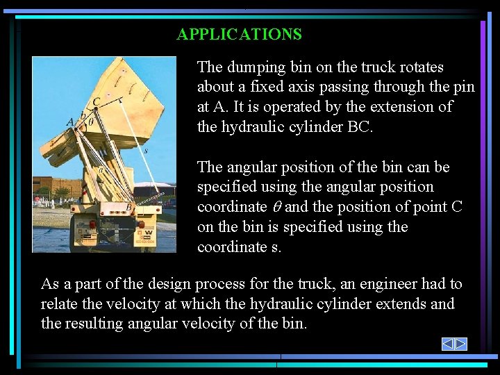 APPLICATIONS The dumping bin on the truck rotates about a fixed axis passing through