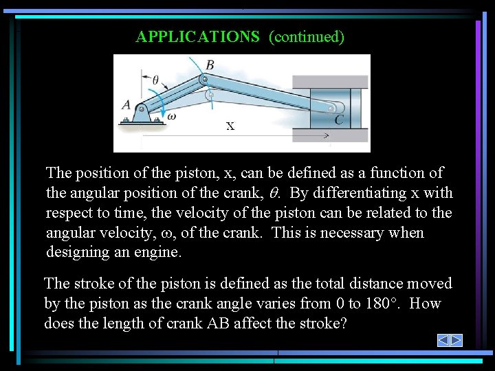 APPLICATIONS (continued) The position of the piston, x, can be defined as a function