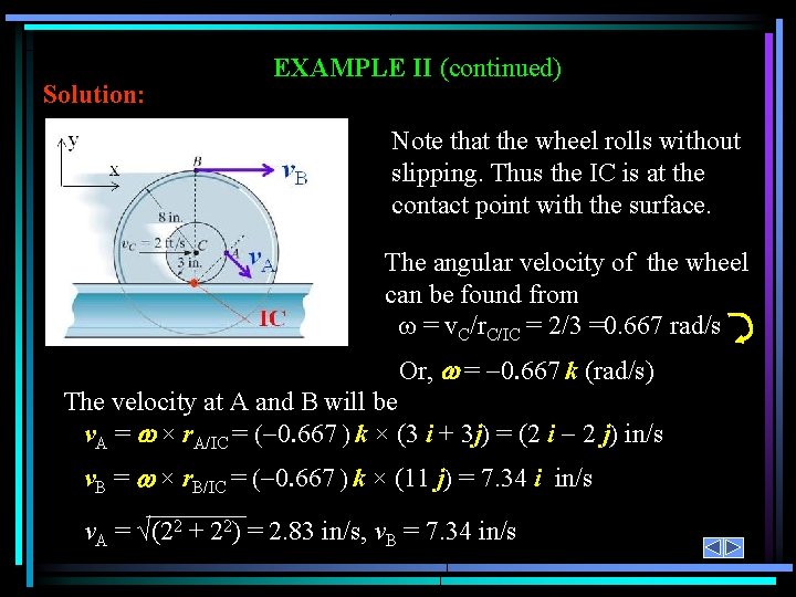 Solution: EXAMPLE II (continued) Note that the wheel rolls without slipping. Thus the IC